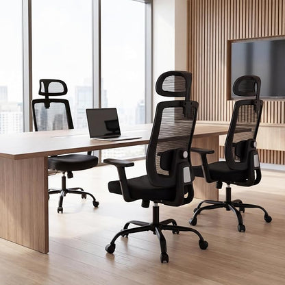 Ergonomic Office Chair Mesh High Back, Office Desk Chair with Adjustable Lumbar Support, Rolling Work Chairs with Wheels and 3D Headrest, Black