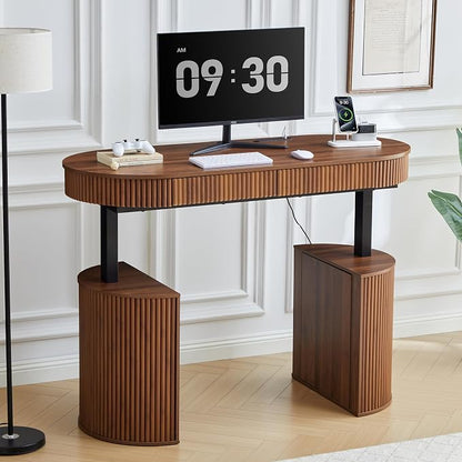 ORRD Electric Standing Desk with Storage and USB & Type-C Charging Ports, Adjustable Height Stand Up Desk, Mid Century Modern Fluted Workstation Desk for Home Office (Walnut)