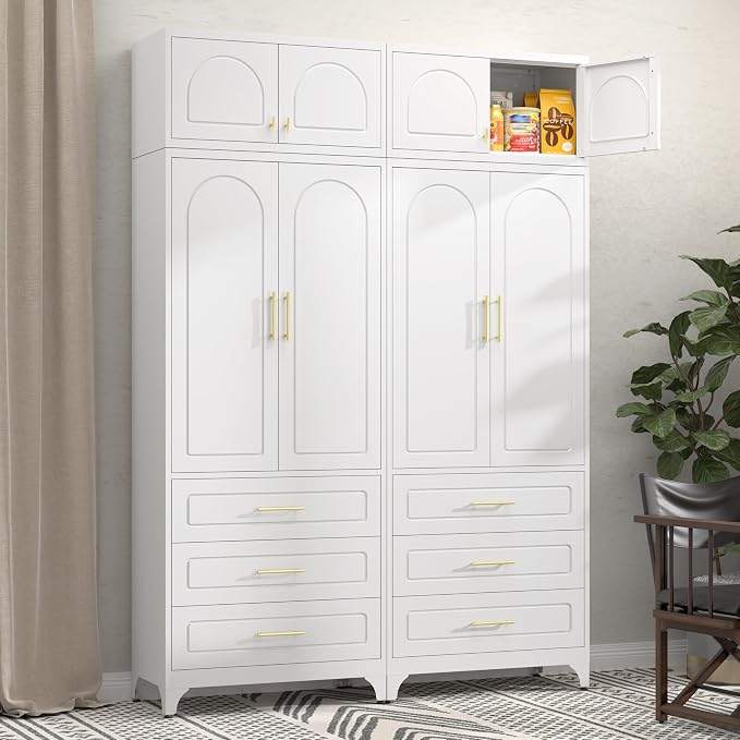 Metal Storage Cabinet with Doors and Shelves, 90" Tall Kitchen Pantry Storage Cabinets with 3 Drawer, White Pantry Closet, Steel Large Cupboard, High Leveling Feet- Assembly Required