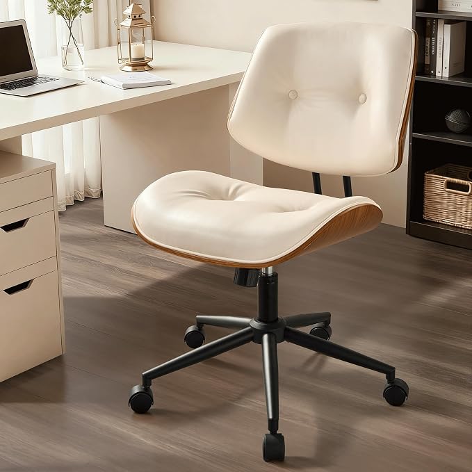 ovios Home Office Chair with Wheels, Modern PU Leather Swivel Computer Desk Chair, Mid Back Adjustable Height Armless Walnut Chairs for Office (White Button)