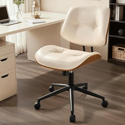 ovios Home Office Chair with Wheels, Modern PU Leather Swivel Computer Desk Chair, Mid Back Adjustable Height Armless Walnut Chairs for Office (White Button)