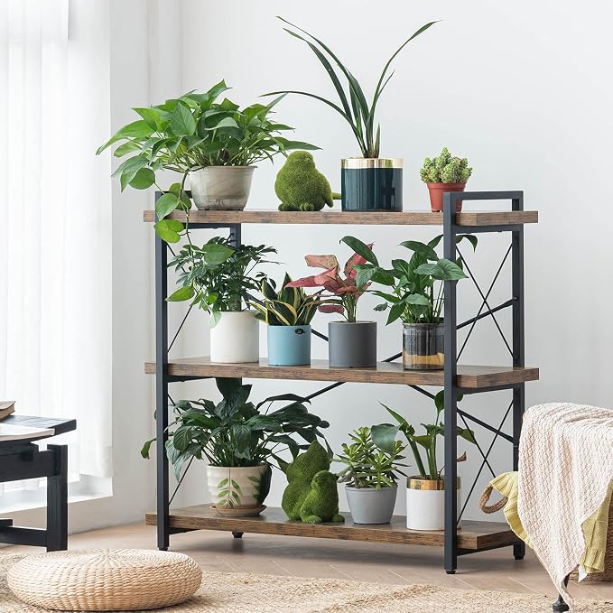 HCHQHS 3-Tier Industrial Bookshelf, 35" W x 12" D x 35" H | 1.2" Shelf Thickness, 14.17" Shelf Height, Wood and Metal, Horizontal, Rustic Brown, for Office Living Room Bedroom