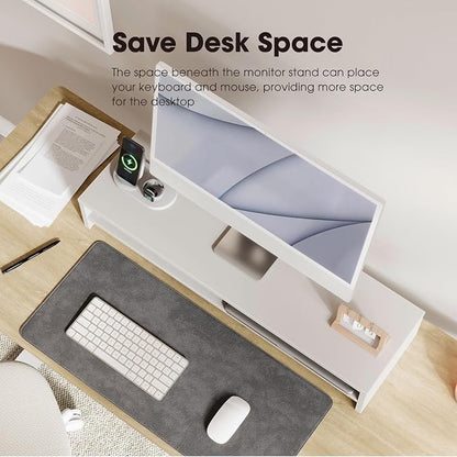 Fenge Monitor Stand, 31.5 Inch Computer Monitor Riser for Desk, 2 Tiers Wood Desk Shelf with Storage, Desktop Organizer for PC, Laptop, Screen, Printer