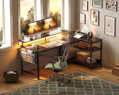 ODK 58 Inch Gaming Desk with USB Charging Ports and LED Lights, Reversible L Shaped Computer Desk with Storage Shelves & Monitor Stand, Corner Gamer Desk Table with Power Outlets, Black
