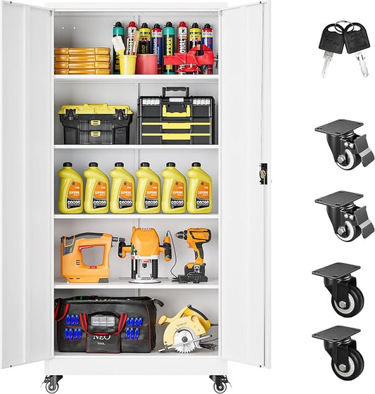 SISESOL 75" Tall Metal Storage Cabinet with Wheels,Rolling Garage Storage Cabinet with Lock,White Metal Cabinets with Wheels and Shelves,Tool Cabinets on Roller for Garage,Home,Office,Shop