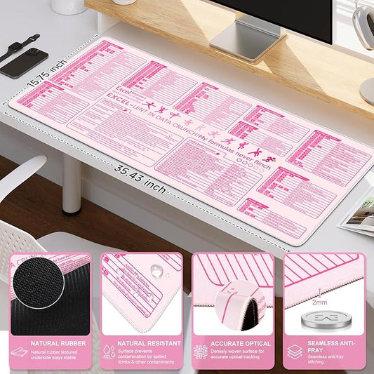 iCasso Pink Excel Cheat Sheet Desk Mat with Excel for Dummies,Excel Shortcuts Mousepad, Extended Large XXL Non-Slip Exel Mousepad with Stitched Edges,Computer Mats for Desktop Protector