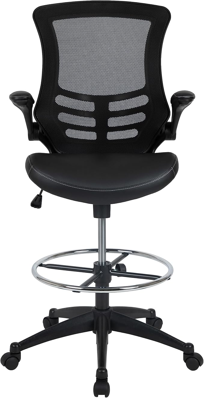 Flash Furniture Kelista Mid-Back Swivel Office Chair with Adjustable LeatherSoft Seat Height, Ergonomic Mesh Chair with Flip-Up Arms, Black