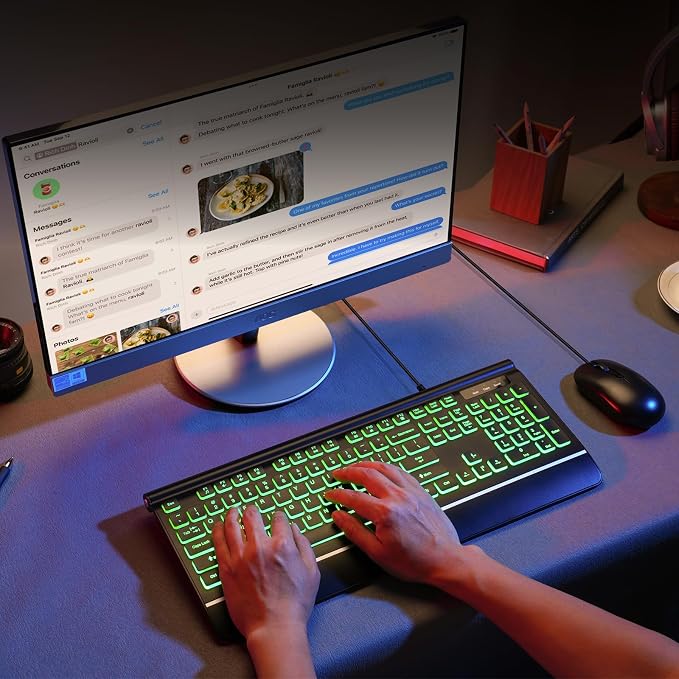 Wired Keyboard and Mouse Combo, Backlit Computer Keyboards with Wrist Rest, Light Up Keyboard Easy to See, 7-Color Backlit Keyboard and Optical Mouse for Windows, PC, Laptop, USB Plug and Play