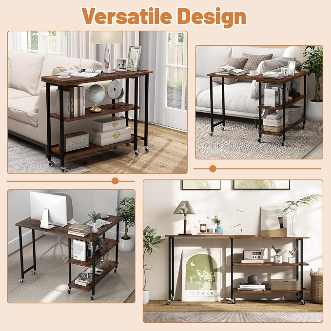 GOFLAME 360° Rotating Sofa Side Table, Mobile Couch Side End Table with 2-Tier Shelves, Swivel Rolling Desk w/Metal Frame, 6 Casters, Movable Laptop Table for Home Office, Patented, Rustic Brown