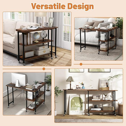 GOFLAME 360° Rotating Sofa Side Table, Mobile Couch Side End Table with 2-Tier Shelves, Swivel Rolling Desk w/Metal Frame, 6 Casters, Movable Laptop Table for Home Office, Patented, Rustic Brown
