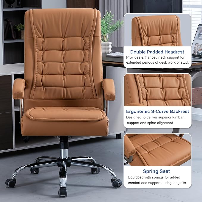Executive Office Chair Adjustable Leather Chair High Back Swivel Office Desk Chair with Padded Armrest 350lbs Load-Bearing Spring Seat Computer Desk Chair for Home Office, Khaki