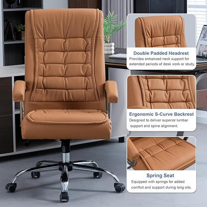 Executive Office Chair Adjustable Leather Chair High Back Swivel Office Desk Chair with Padded Armrest 350lbs Load-Bearing Spring Seat Computer Desk Chair for Home Office, Khaki