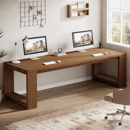 Tribesigns Two Person Desk, 86.6-Inch Extra Long Desk, Double Computer Writing Table, Wood Large Desks Workstation for Home Office, Walnut