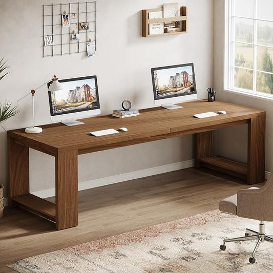 Tribesigns Two Person Desk, 86.6-Inch Extra Long Desk, Double Computer Writing Table, Wood Large Desks Workstation for Home Office, Walnut