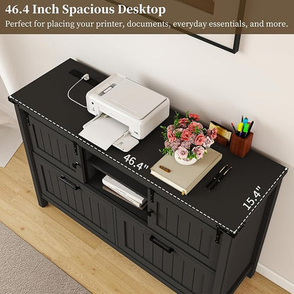 2 Drawer Lateral File Cabinet with Outlets & Charging Station for Files Letter/FC/A4, Farmhouse Filing Cabinets for Home Office Storage, Wooden Print Stand, 46.4" Wide, Black