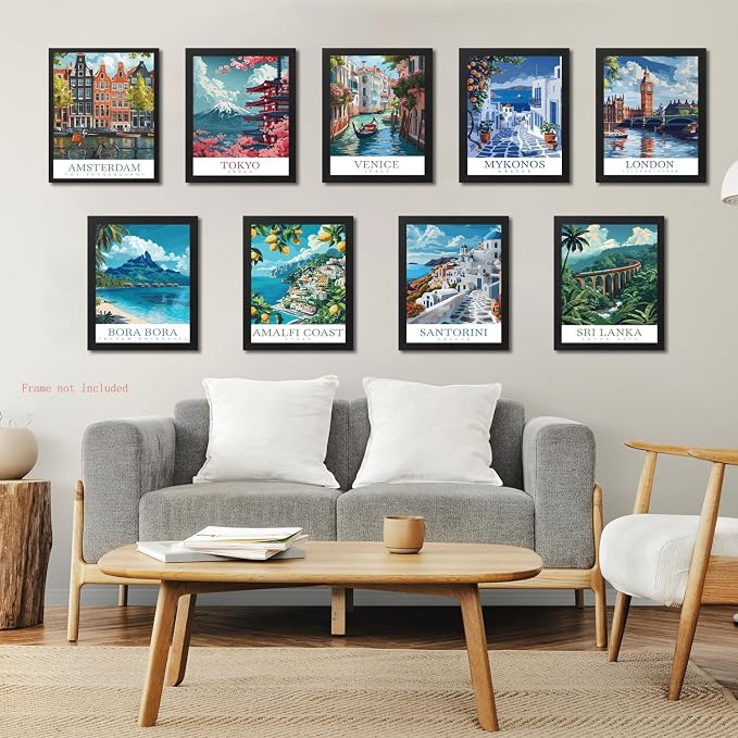 Vintage Travel Cities Posters Wall Art Set of 9,Europe Italy Cities Wall Decor, Trendy Modern The World Travel Canvas Art Prints Painting for Living Room Bedroom Bathroom Home Decor 8x10In Unframed