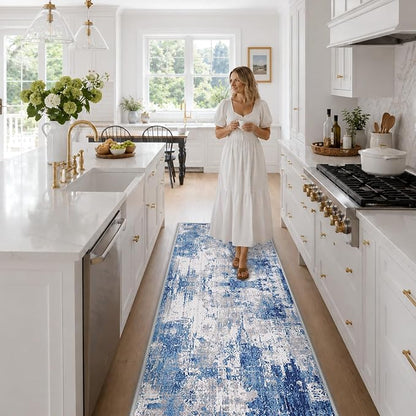 RELEANY Washable Area Rugs 2'x6' Non-Slip Modern Abstract Soft for Living Room Entryway Bedroom Kitchen, Print Pattern, Blue Grey Navy Gray