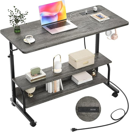 Armocity Rolling Standing Desk with Charging Station, Portable Height Adjustable Mobile Computer Desk with Wheels & 2-Tier Shelves & Hooks, Easy Assembly Laptop Table for Couch Bed, 39" Grey Oak