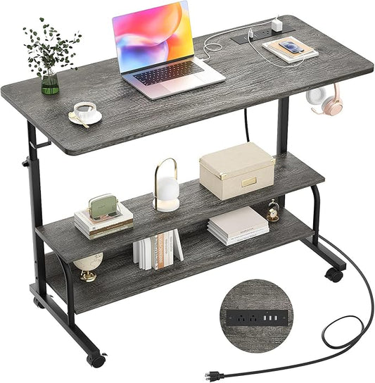 Armocity Rolling Standing Desk with Charging Station, Portable Height Adjustable Mobile Computer Desk with Wheels & 2-Tier Shelves & Hooks, Easy Assembly Laptop Table for Couch Bed, 39" Grey Oak