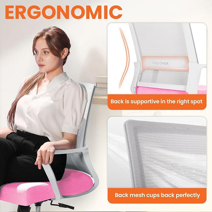 NEO CHAIR Office Desk Chair Gaming Computer Chair Ergonomic Mesh Mid Back with Rolling Wheels Lumbar Support Comfy Swivel Adjustable for Home (Pink)