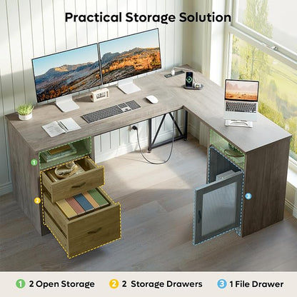 Bestier Farmhouse L Shaped Desk with Drawers, 63" x 47" Office Computer Desk with Charging Station & Fluted Storage Cabinet, Corner Desk with File Drawers, Modesty Panel for Home Office, Grey