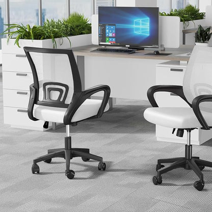 OS MOTOR Home Office Chair, Ergonomic Mid-Back Mesh Desk Chair with Lumbar Support, Adjustable Swivel Rolling Design, Comfy Armrest for Work, Study, Gaming, Vanity (White, Single Chair)