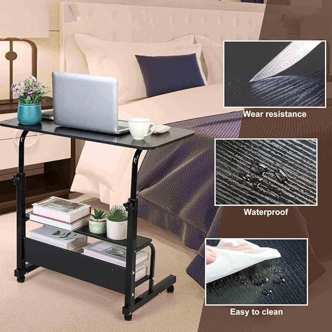Adjustable Height Mobile Computer Desk for Small Space Rolling Table with Wheels Desk Home Office Study Desk Portable for Bedrooms Work Size 31.5x15.7 Inch Black with Storage Gaming Table B