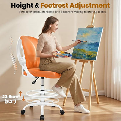 Primy Drafting Chair Tall Office Chair with Flip-up Armrests Executive Ergonomic Computer Standing Desk Chair with Lumbar Support and Adjustable Footrest Ring (Sunset Orange)
