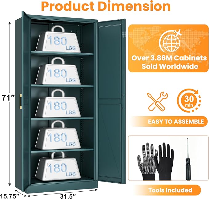 71" Metal Pantry Cabinet,Storage Cabinet with Doors and Shelves | Metal Storage Cabinet,Gold Handles,Adjustable Shelves,Magnetic Doors,Leveling Feet,Anti-tipping,for Kitchen/Garage Green