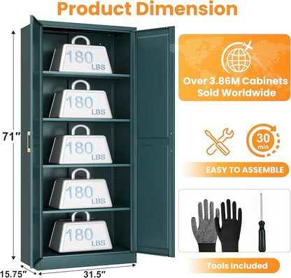 71" Metal Pantry Cabinet,Storage Cabinet with Doors and Shelves | Metal Storage Cabinet,Gold Handles,Adjustable Shelves,Magnetic Doors,Leveling Feet,Anti-tipping,for Kitchen/Garage Green