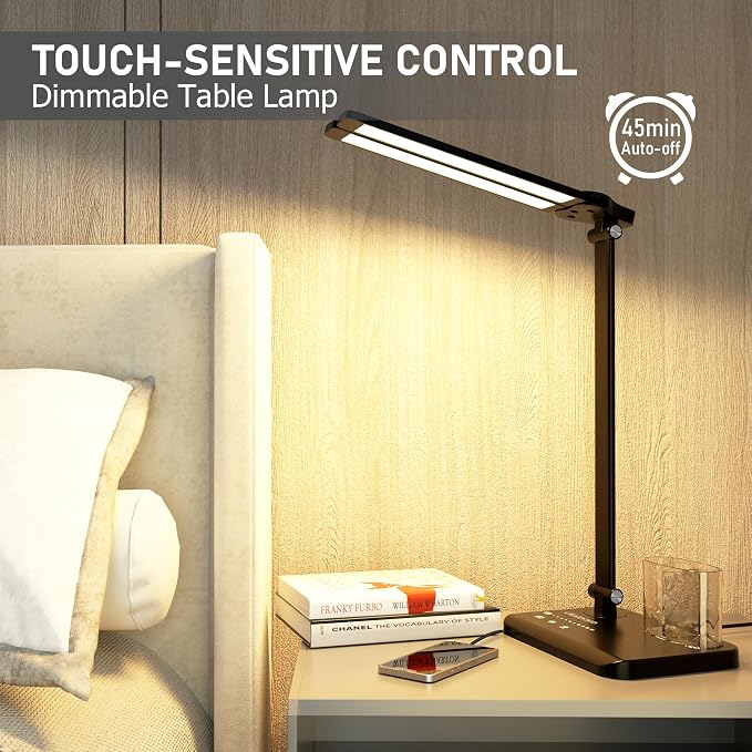 Dimmable LED Desk Lamp with USB Charging Port Bright 50 Lighting Modes | Dual Swing Arm Architect Table Lamp Light for Home Office Dorm Piano Nail