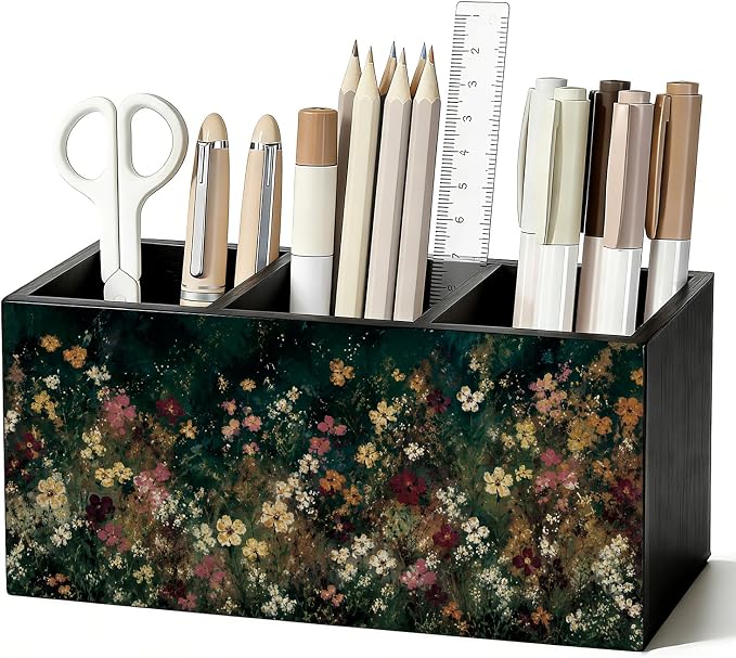 Moody Floral Pen Pencil Holder for Office Desk Accessories Decor | Cottagecore Office Accessories for Women, Wildflower Pen Pencil Wooden Organizer Decorations for Dorm Room Bedroom Tabletop