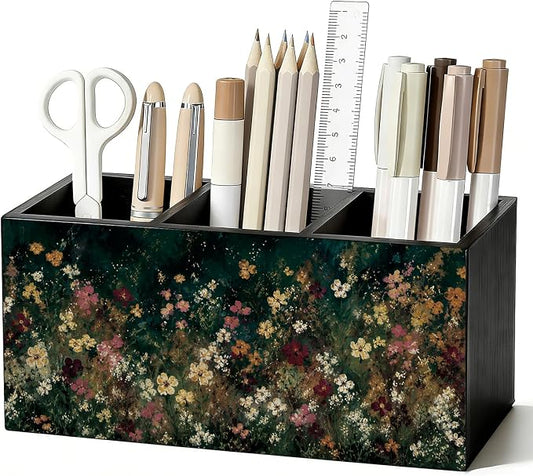 Moody Floral Pen Pencil Holder for Office Desk Accessories Decor | Cottagecore Office Accessories for Women, Wildflower Pen Pencil Wooden Organizer Decorations for Dorm Room Bedroom Tabletop