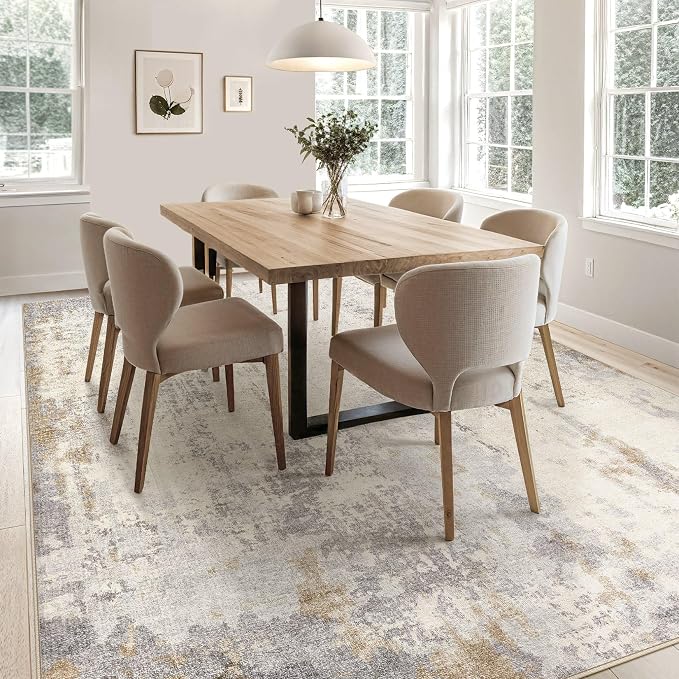 UERMEI 8x10 Washable Area Rug - Neutral Modern Abstract Living Room Rugs, Non-Slip Soft Large Indoor Floor Carpet for Bedroom Home Office & Under Dining Table Decor, Light Brown/Gray