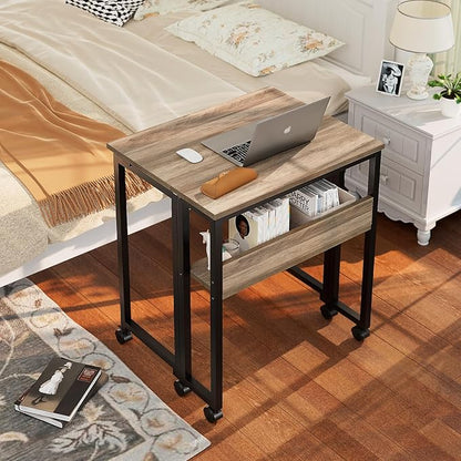 GreenForest Folding Desk with Wheels, 24.8 Inch Compact Rolling Computer Table with Storage Shelf, Portable Mobile Workstation for Small Spaces, Easy Assembly,Grey Wash