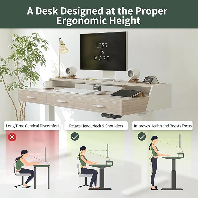 CubiCubi Standing Desk 48x26 Inches with 3 Wood Drawers and Monitor Shelf, Ergonomic Rising Home Office Desks, Height Adjustable Computer Desk, Sit Stand Up Electric Workstation Table, Pale Walnut