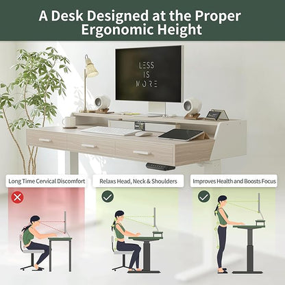 CubiCubi Standing Desk 55x26 Inches with 3 Wood Drawers and Monitor Shelf, Ergonomic Rising Home Office Desks, Height Adjustable Computer Desk, Sit Stand Up Electric Workstation Table, Pale Walnut