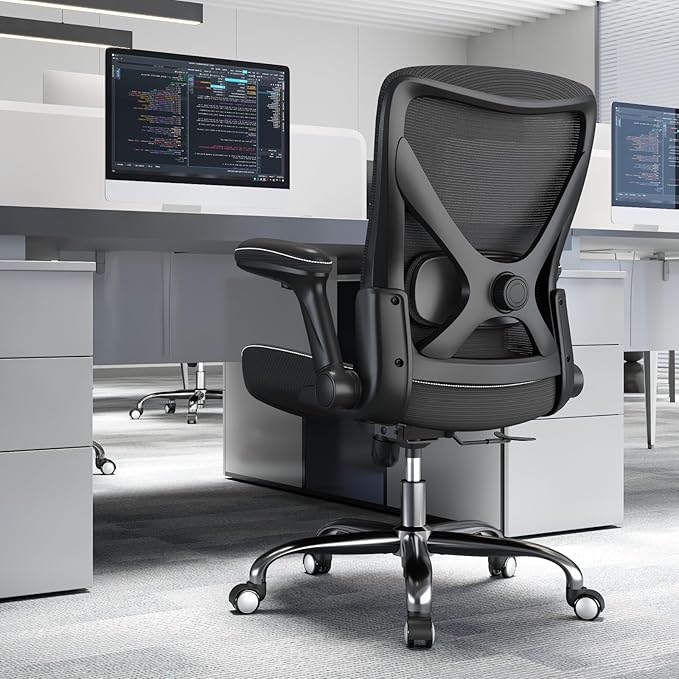 Ergalithic Office Home Ergonomic Desk Chair-Computer X-Shaped Chair Mesh PU Leather with Adjustable Lumbar Support-Executive Chair High Back Flip-Up Arms for Long Hours (Black-No Headrest)