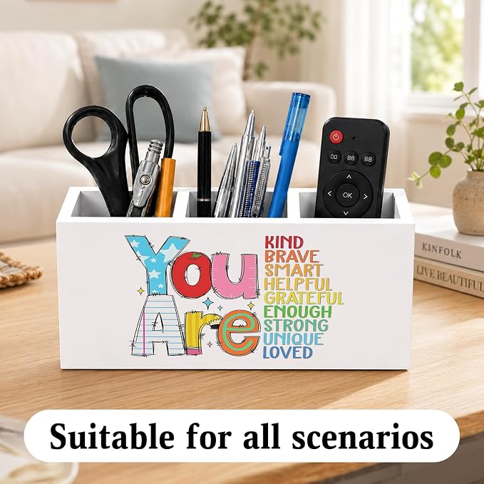 Boho Inspirational Pen Holder for Desk, You Are Kind Motivational Quotes Wooden Box Sign Desk Decor for Classroom Kids Room Home Office Decoration, Colorful Positive Pencil Organizer