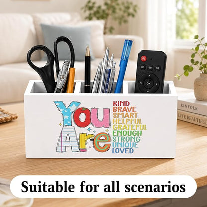 Boho Inspirational Pen Holder for Desk, You Are Kind Motivational Quotes Wooden Box Sign Desk Decor for Classroom Kids Room Home Office Decoration, Colorful Positive Pencil Organizer