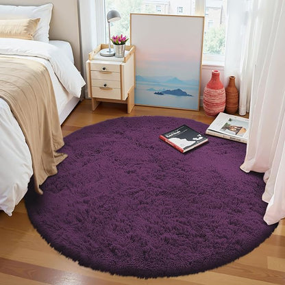 OLANLY Dark Purple Round Rugs for Bedroom - Machine Washable, 4 ft Circle Area Rugs for Living Room, Soft and Fluffy Shaggy Carpet for Teen Girl and Boys, Nursery Rooms, Dorms, Home Decor Aesthetic
