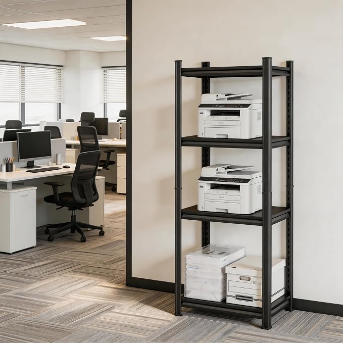 Printer Stand, 19.7"W×13.8"D×54.3"H Metal Shelving 4 Tier Adjustable Storage Shelves, Printer Table Office Organizer Book Shelf Corn Shelf Industrial Shelving for Office Organization, Black Nightstand