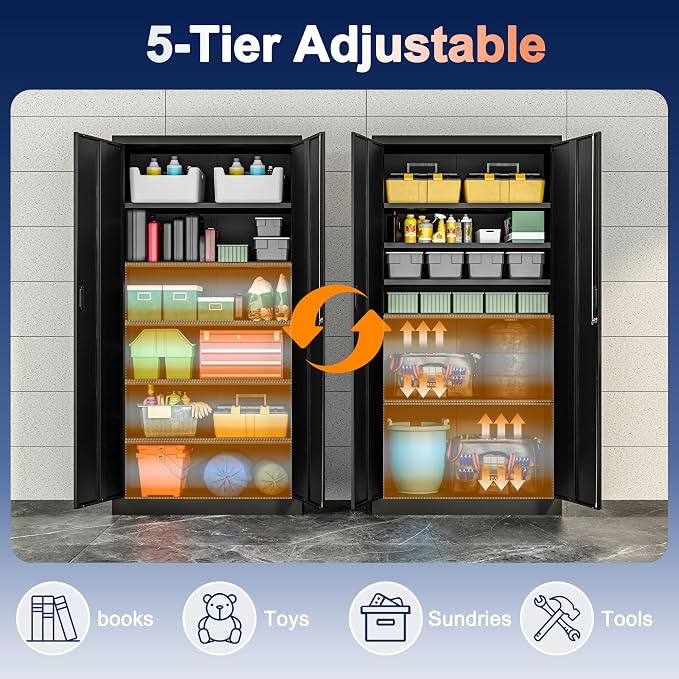 71" H Tall Metal Storage Cabinet with Lock and 5 Adjustable Shelves, Metal Garage Storage Cabinet for Home, Office, Garage, Warehouse Organize, Black