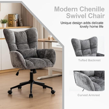 Home Office Desk Chair, Modern Tufted Chenille Vanity Chair, Adjustable Upholstered Swivel Computer Chairs for Bedroom, Living Room，Grey