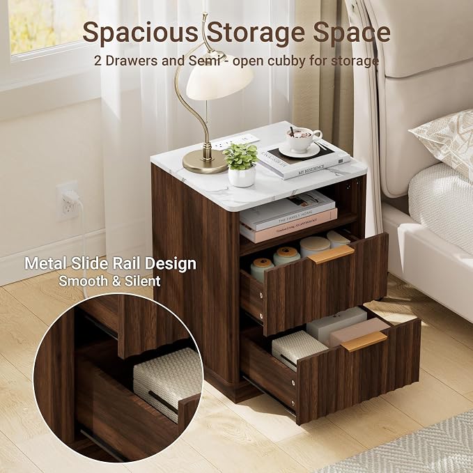 Fluted Nightstand, Walnut Night Stand, Nightstand with Faux Marble Top and Charging Station, 2 Drawers Wooden End Table w/Storage, Modern Bedside Table for Bedroom, Curved Corners