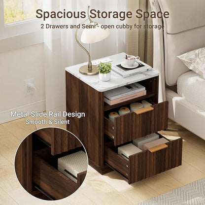 Fluted Nightstand, Night Stand Set 2, Walnut Nightstands Set of 2 with Charging Station and Faux Marble Top, 2 Drawers End Table w/Storage, Modern Bedside Table for Bedroom, Curved Corners