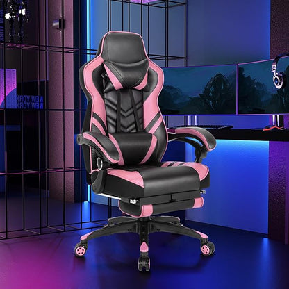 Goplus Gaming Chair, Computer Chair with Footrest and Lumbar Support, Height Adjustable Executive Swivel Rolling Task Chair with 90°-155° Tilt Function (Pink)
