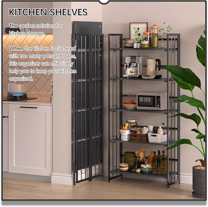 4NM No Assembly 5 Tiers Folding Bookshelf, 59.4" H Foldable Storage Shelves Vintage Bookcase Standing Racks Study Organizer Home Office - All Black