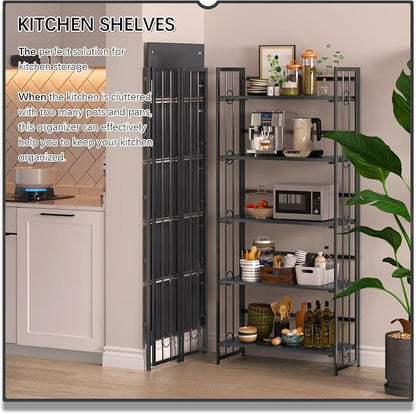 4NM No Assembly 5 Tiers Folding Bookshelf, 59.4" H Foldable Storage Shelves Vintage Bookcase Standing Racks Study Organizer Home Office - All Black
