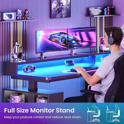 SEDETA L Shaped Gaming Standing Desk, 63 inch Height Adjustable Office Executive Desk with Storage Shelves and Monitor Stand, Computer Gaming Desk with Power Outlet, LED Lights for Home Office, Black